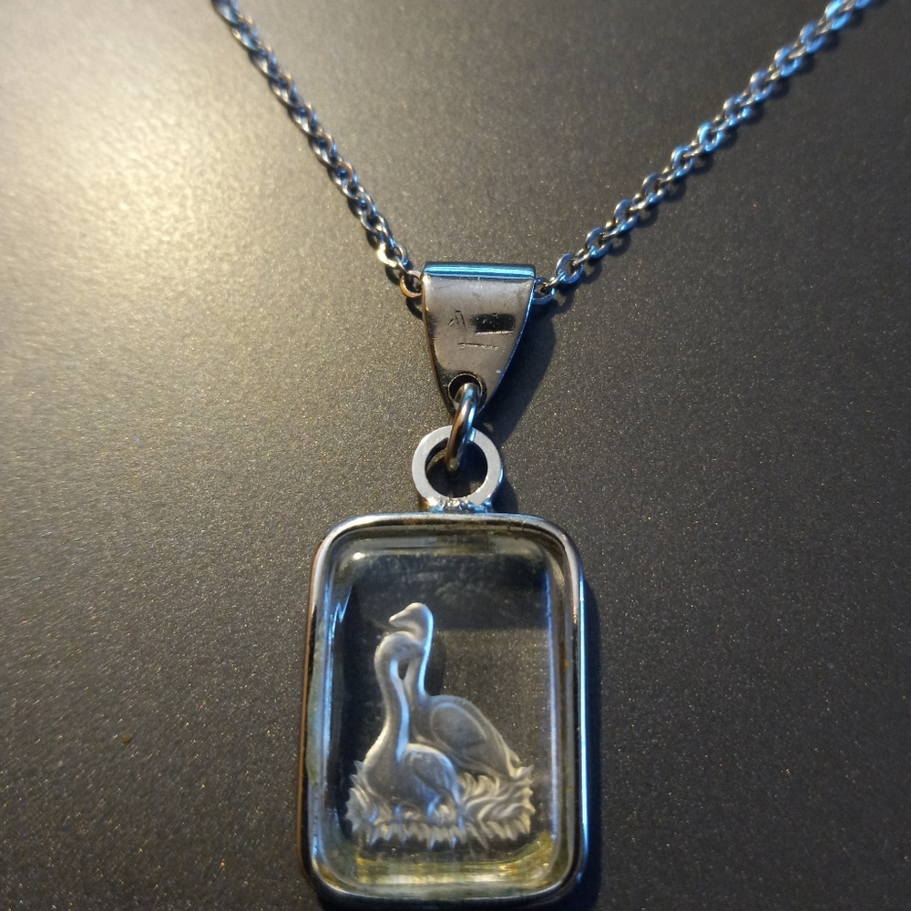Silver Tone Carved Glass Swan Pendant Necklace